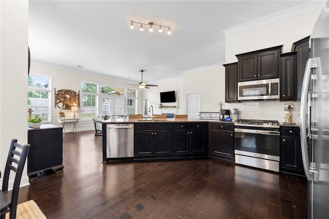 100 Dartford Ct, Easley, SC 29642 - kitchen featuring appliances with stainless steel finishes, a peninsula, ornamental molding, stone countertops, and dark wood finished floors