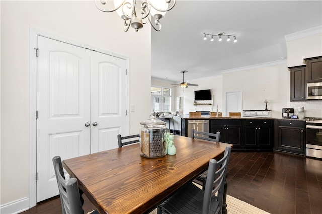 100 Dartford Ct, Easley, SC 29642 - dining space featuring a chandelier, dark wood-type flooring, a ceiling fan, and ornamental molding