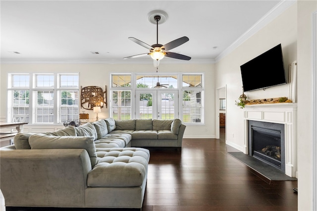 100 Dartford Ct, Easley, SC 29642 - living area with ceiling fan, a fireplace, ornamental molding, and dark wood-style floors