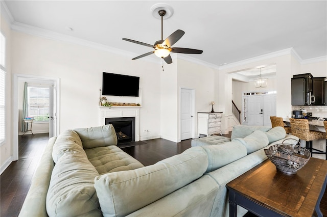 100 Dartford Ct, Easley, SC 29642 - living room featuring dark wood-style flooring, crown molding, ceiling fan, stairs, and a fireplace with flush hearth