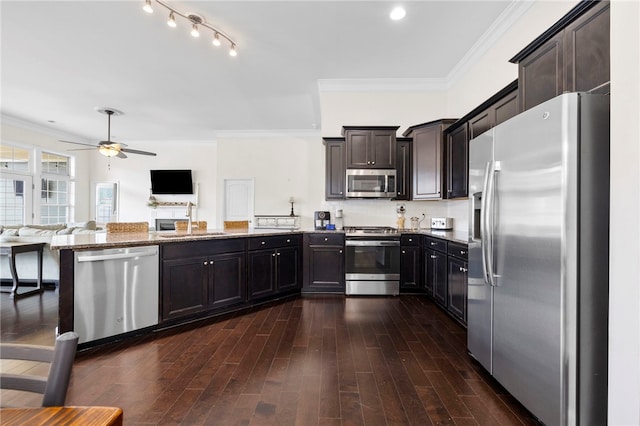 100 Dartford Ct, Easley, SC 29642 - kitchen featuring appliances with stainless steel finishes, a peninsula, open floor plan, crown molding, and light stone countertops