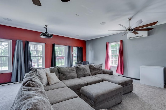 5120 Sunset Rdg, Easley, SC 29642 - carpeted living room with a ceiling fan, a wall mounted AC, and ornamental molding