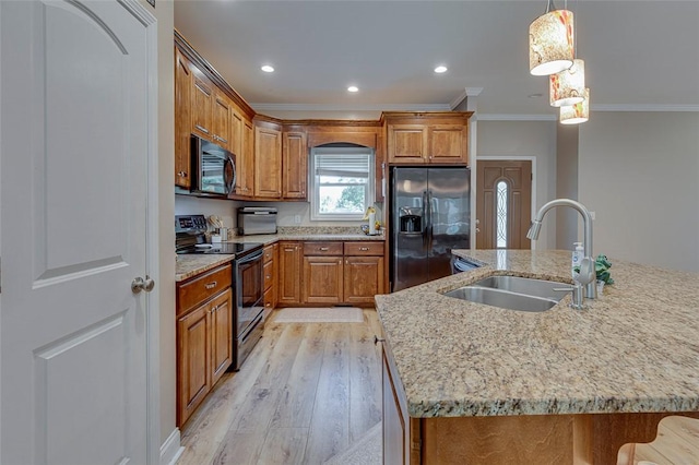 5120 Sunset Rdg, Easley, SC 29642 - kitchen with stainless steel fridge with ice dispenser, black / electric stove, ornamental molding, brown cabinets, and light wood-style flooring