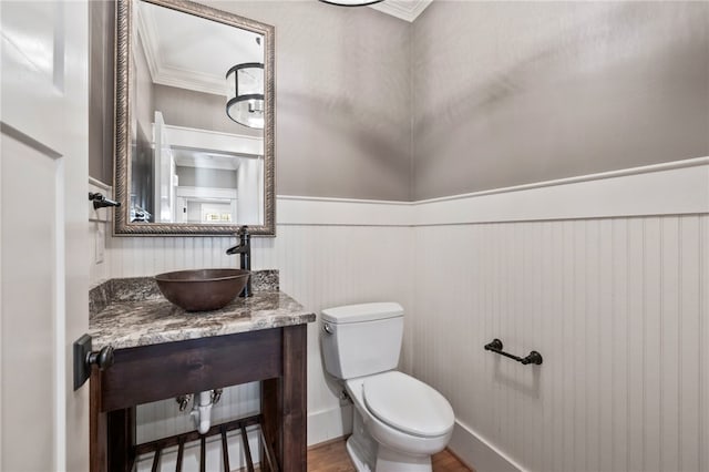 1219 Old Mill Rd, Easley, SC 29642 - half bathroom featuring a wainscoted wall, wood finished floors, vanity, and ornamental molding