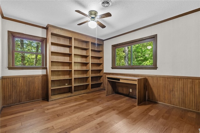 320 Whitfield Dr, Pendleton, SC 29670 - unfurnished office with crown molding, a textured ceiling, hardwood / wood-style floors, a ceiling fan, and plenty of natural light
