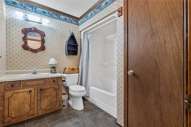 320 Whitfield Dr, Pendleton, SC 29670 - bathroom featuring wallpapered walls, a textured ceiling, tile patterned floors, vanity, and shower / bath combination with curtain