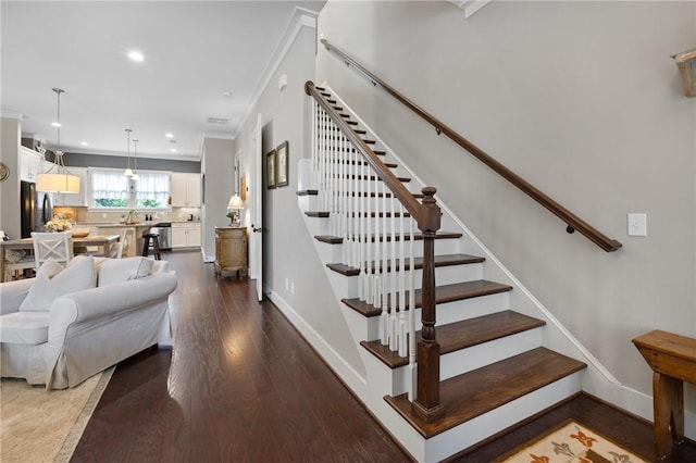 245 Thomas Green Blvd, Clemson, SC 29631 - staircase featuring crown molding, recessed lighting, and wood finished floors