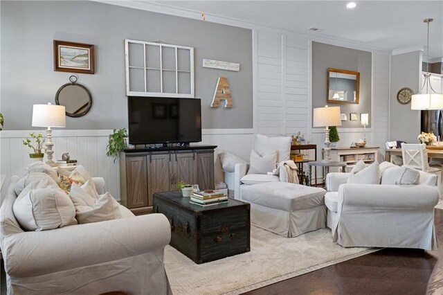 245 Thomas Green Blvd, Clemson, SC 29631 - living room featuring ornamental molding, wainscoting, and recessed lighting