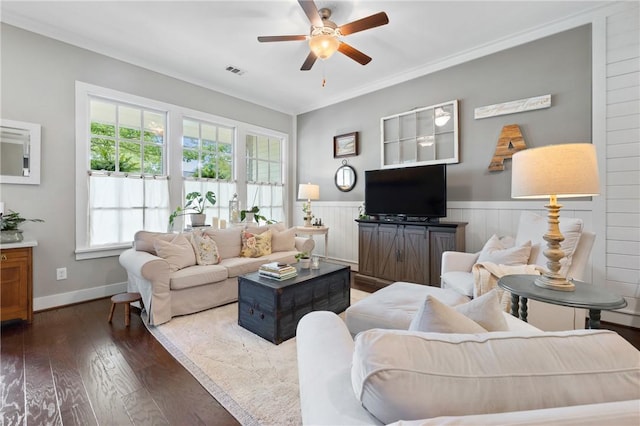245 Thomas Green Blvd, Clemson, SC 29631 - living area with a ceiling fan, hardwood / wood-style flooring, wainscoting, and crown molding