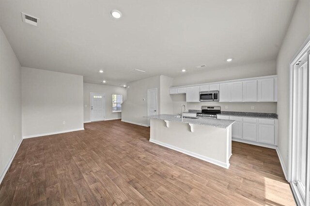 217 Islay Way, Anderson, SC 29621 - kitchen featuring appliances with stainless steel finishes, dark wood-type flooring, white cabinetry, light stone countertops, and recessed lighting