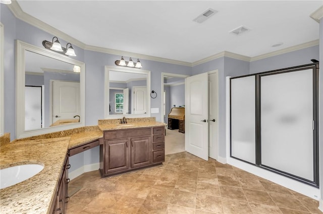 911 Devenger Rd, Greer, SC 29650 - full bathroom with two vanities, a shower stall, and crown molding