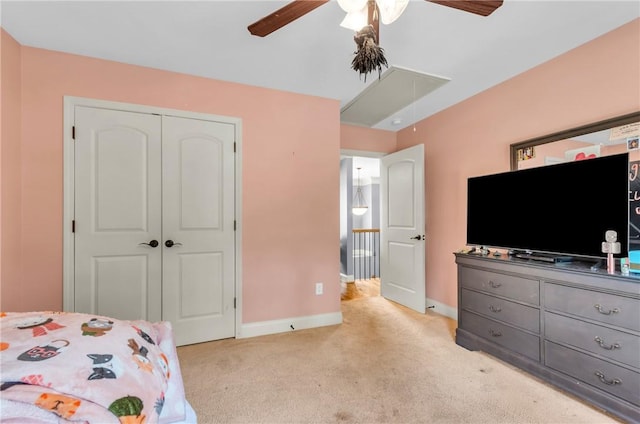 911 Devenger Rd, Greer, SC 29650 - bedroom featuring attic access, light colored carpet, a closet, and ceiling fan