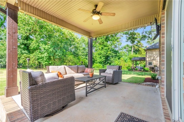 911 Devenger Rd, Greer, SC 29650 - view of patio / terrace featuring an outdoor hangout area, a ceiling fan, and view of wooded area