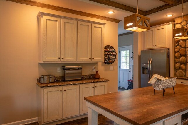 190 Edward Ln, Walhalla, SC 29691 - kitchen featuring stainless steel fridge with ice dispenser, crown molding, pendant lighting, a center island, and beamed ceiling