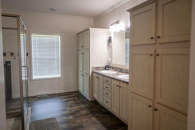 190 Edward Ln, Walhalla, SC 29691 - full bath featuring wood finished floors, double vanity, a stall shower, and crown molding