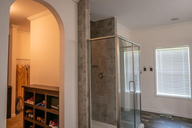 190 Edward Ln, Walhalla, SC 29691 - full bathroom with crown molding, a shower stall, a walk in closet, and healthy amount of natural light
