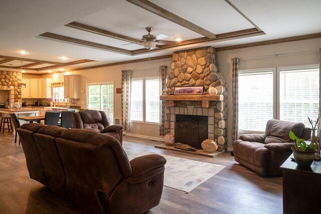 190 Edward Ln, Walhalla, SC 29691 - living room featuring ceiling fan, ornamental molding, a fireplace, dark wood finished floors, and beam ceiling