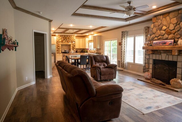 190 Edward Ln, Walhalla, SC 29691 - living area featuring ceiling fan, a fireplace, dark wood-style flooring, and ornamental molding