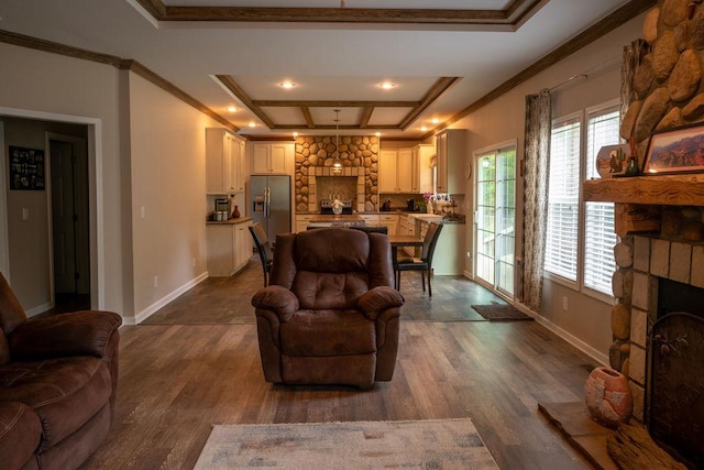 190 Edward Ln, Walhalla, SC 29691 - living area featuring a fireplace, crown molding, a tray ceiling, dark wood-style flooring, and recessed lighting