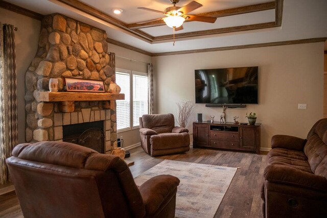 190 Edward Ln, Walhalla, SC 29691 - living area with ceiling fan, ornamental molding, a fireplace, wood finished floors, and a tray ceiling