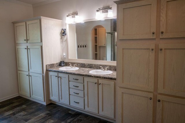 190 Edward Ln, Walhalla, SC 29691 - bathroom featuring ornamental molding, double vanity, wood finished floors, and a shower with shower door