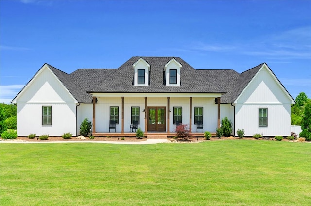 612 Rices Creek Rd, Liberty, SC 29657 - modern farmhouse style home featuring french doors, a front yard, roof with shingles, and a porch