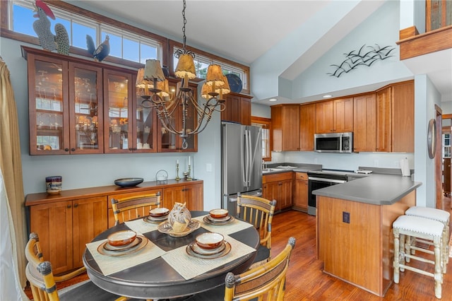 1230 Melton Rd # 64, West Union, SC 29696 - kitchen featuring stainless steel appliances, a peninsula, light wood-type flooring, glass insert cabinets, and brown cabinets