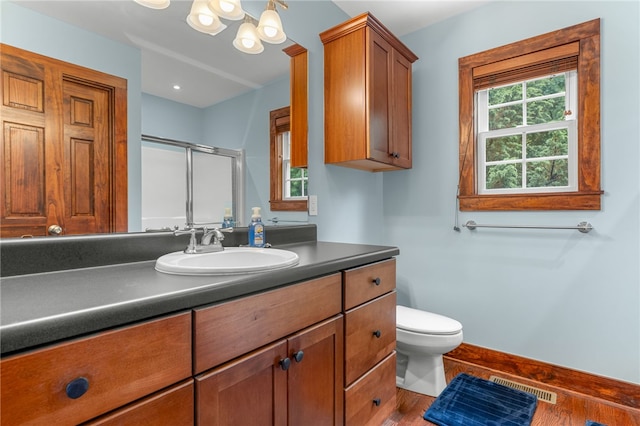 1230 Melton Rd # 64, West Union, SC 29696 - full bath with a shower with door, vanity, wood finished floors, and a chandelier