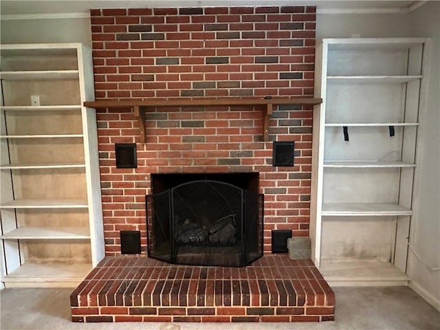 114 Bonnie Brae Ln, Walhalla, SC 29691 - detailed view of ornamental molding, carpet, and a fireplace