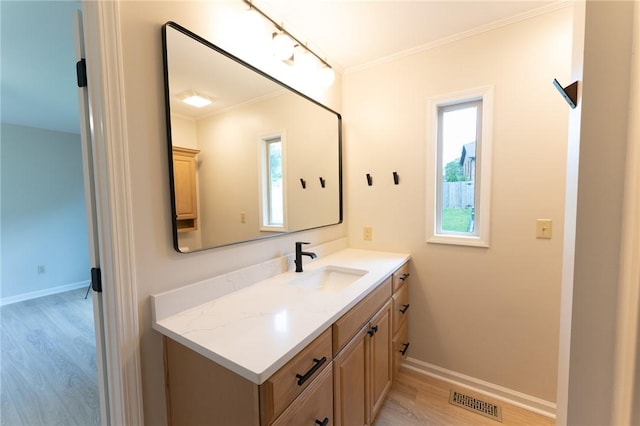 913 Berkeley Dr, Clemson, SC 29631 - bathroom featuring wood finished floors, ornamental molding, vanity, and healthy amount of natural light