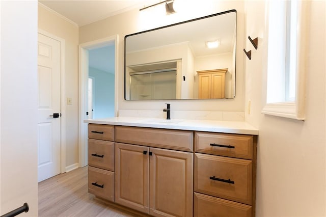 913 Berkeley Dr, Clemson, SC 29631 - bathroom featuring vanity, wood finished floors, ornamental molding, and plenty of natural light