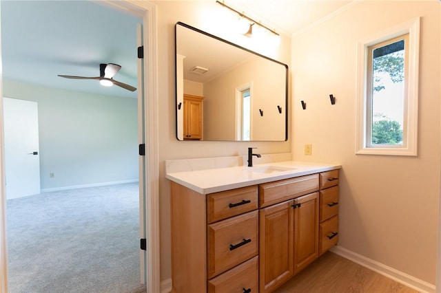913 Berkeley Dr, Clemson, SC 29631 - bathroom with vanity, ornamental molding, and ceiling fan