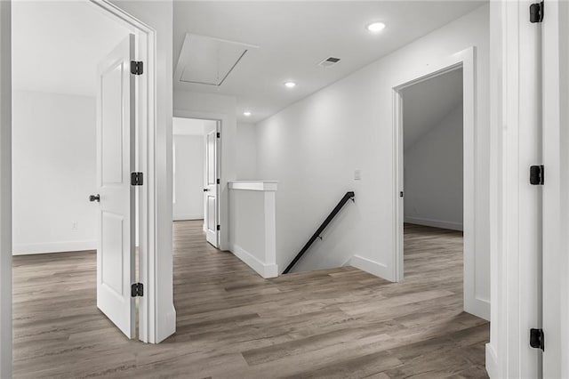 114 Hillcrest Cir, Anderson, SC 29624 - corridor with an upstairs landing, attic access, wood finished floors, and recessed lighting