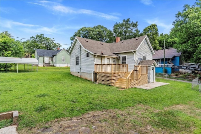 503 Burris St, Anderson, SC 29625 - rear view of property with a wooden deck, a fenced backyard, stairway, a storage unit, and a chimney
