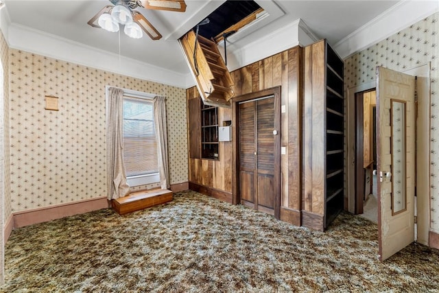 503 Burris St, Anderson, SC 29625 - interior space with crown molding, wallpapered walls, carpet flooring, and a ceiling fan