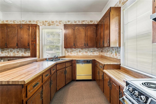 503 Burris St, Anderson, SC 29625 - kitchen with white dishwasher, butcher block countertops, electric stove, brown cabinets, and crown molding