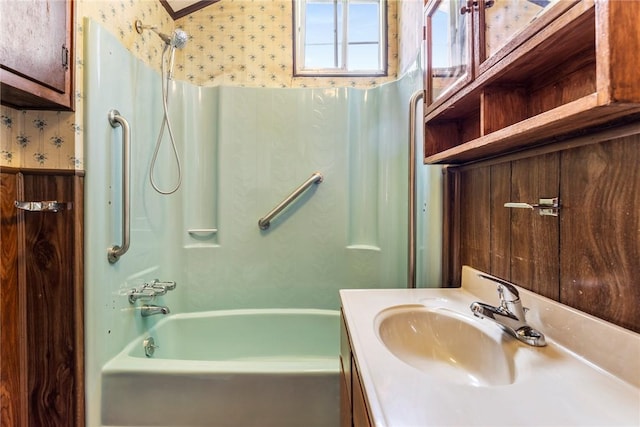503 Burris St, Anderson, SC 29625 - full bath with wallpapered walls, vanity, and tub / shower combination