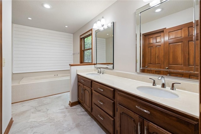 14 Windlass Ct, Salem, SC 29676 - full bathroom with double vanity, a bath, marble look tile flooring, and recessed lighting