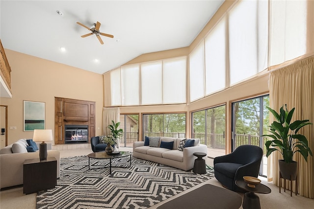 14 Windlass Ct, Salem, SC 29676 - carpeted living room with high vaulted ceiling, ceiling fan, and a glass covered fireplace