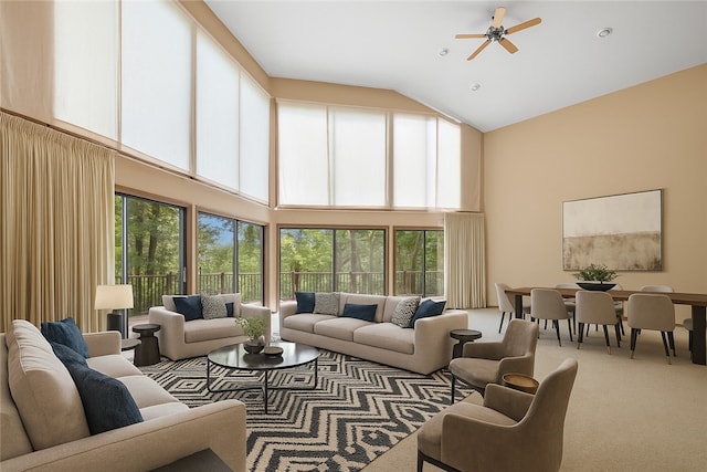 14 Windlass Ct, Salem, SC 29676 - living room featuring high vaulted ceiling, ceiling fan, and carpet