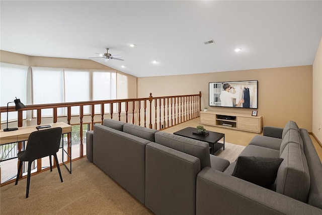 14 Windlass Ct, Salem, SC 29676 - living area featuring a ceiling fan, light carpet, vaulted ceiling, and recessed lighting