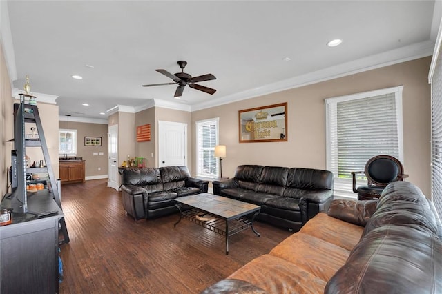 101 W Ln Unit 1000, Clemson, SC 29631 - living area featuring crown molding, ceiling fan, dark wood-style flooring, and recessed lighting