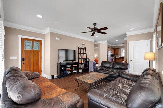 101 W Ln Unit 1000, Clemson, SC 29631 - living area with ceiling fan, dark wood-style floors, crown molding, and recessed lighting