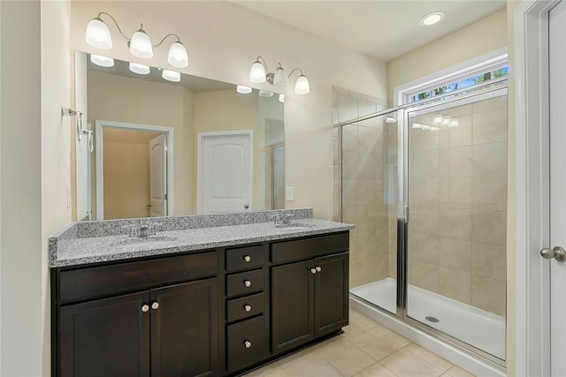 137 Golden Eagle Ln, Anderson, SC 29621 - bathroom with a shower stall, double vanity, and tile patterned flooring