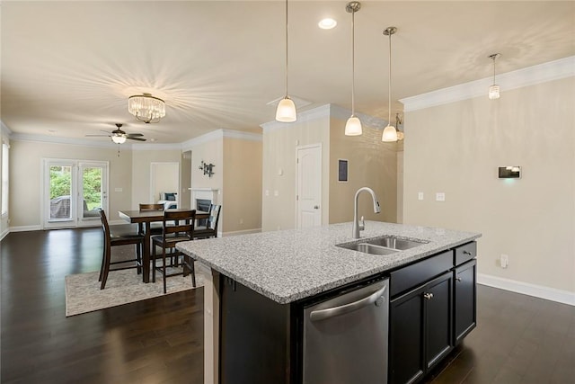 137 Golden Eagle Ln, Anderson, SC 29621 - kitchen featuring stainless steel dishwasher, dark wood-style floors, ceiling fan, open floor plan, and crown molding