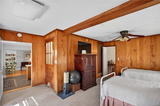 260 Riggs Dr, Clemson, SC 29631 - carpeted bedroom featuring wood walls and a ceiling fan