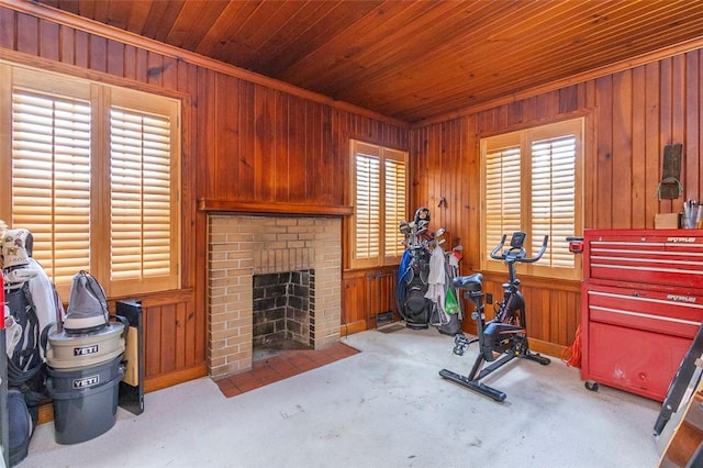 205 James St, Anderson, SC 29625 - exercise room with wooden walls, wooden ceiling, and a fireplace