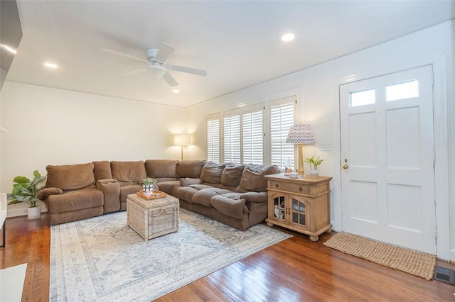 205 James St, Anderson, SC 29625 - living area featuring hardwood / wood-style floors, ceiling fan, and recessed lighting