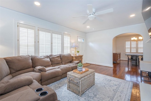 205 James St, Anderson, SC 29625 - living area featuring arched walkways, ceiling fan, wood finished floors, and recessed lighting
