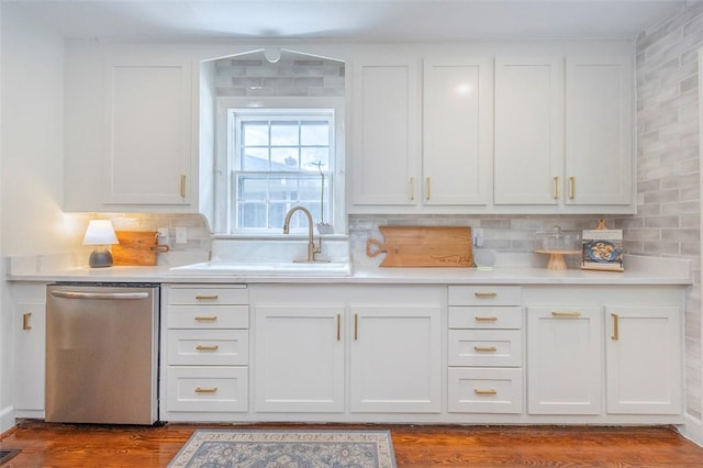 205 James St, Anderson, SC 29625 - kitchen featuring dishwasher, white cabinetry, backsplash, light countertops, and dark wood-style floors